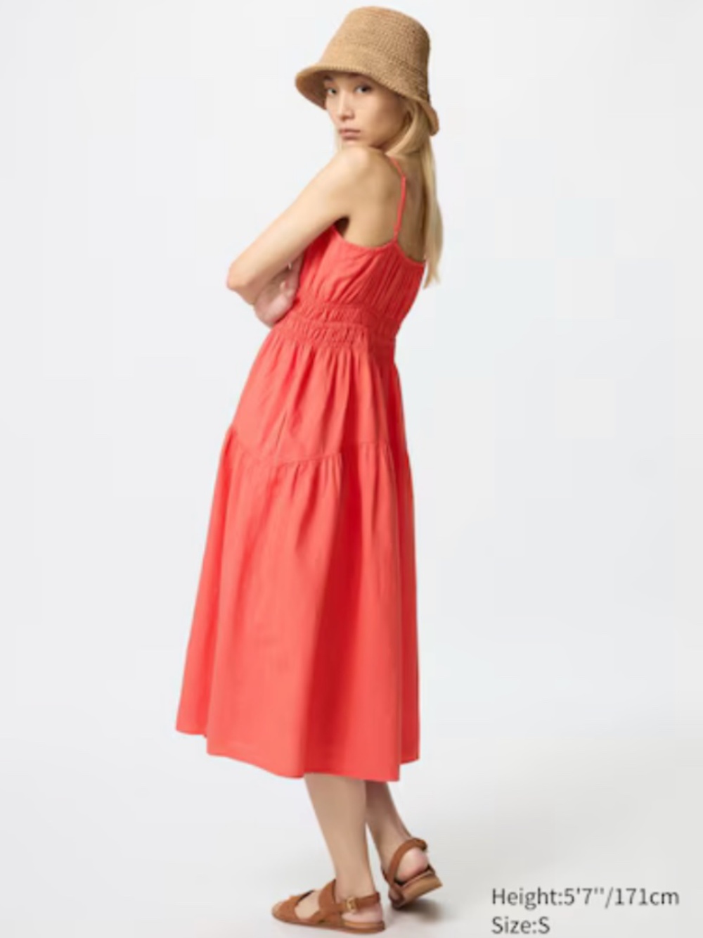 Uniqlo Coral Red Linen Blend Smocked Camisole Midi Dress